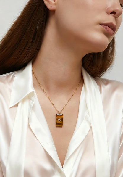 Tiger Eye Sunburst Retro Square Necklace