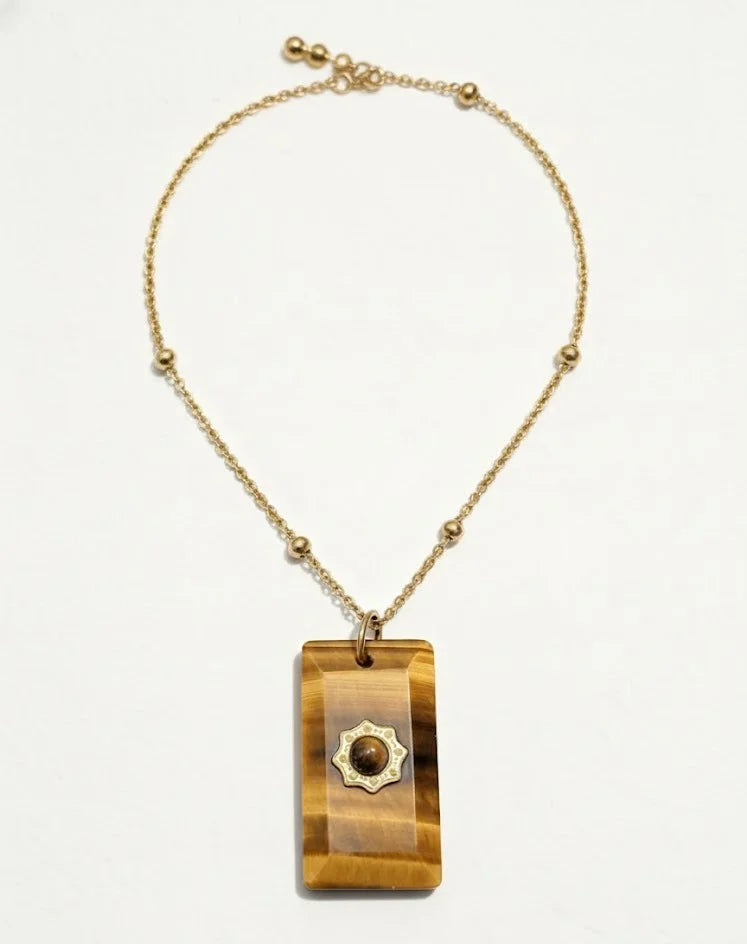 Tiger Eye Sunburst Retro Square Necklace