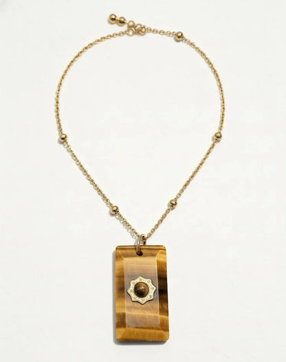 Tiger Eye Sunburst Retro Square Necklace