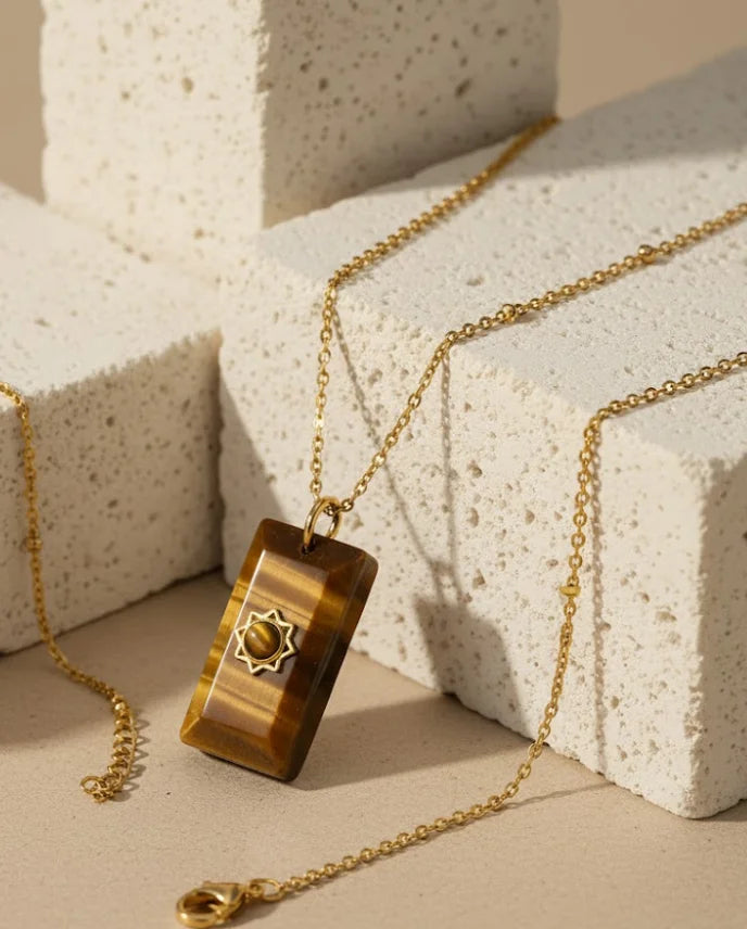 Tiger Eye Sunburst Retro Square Necklace